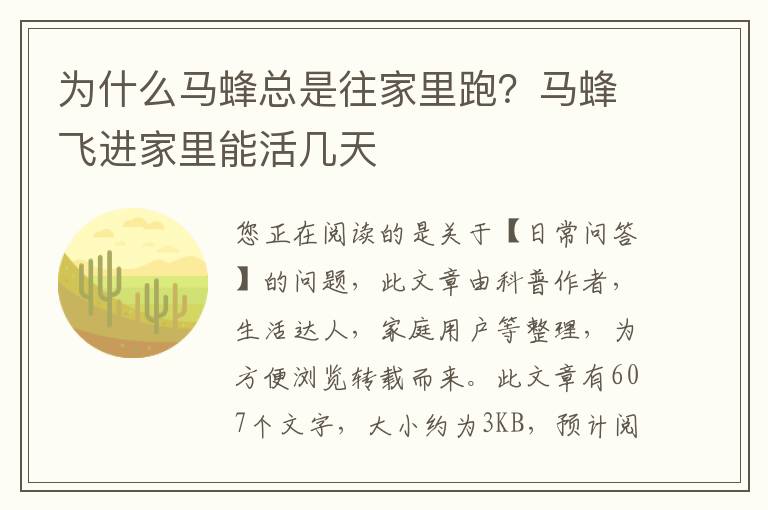 为什么马蜂总是往家里跑？马蜂飞进家里能活几天