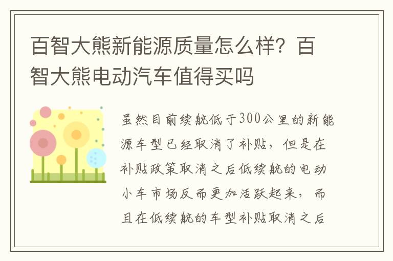 百智大熊新能源质量怎么样？百智大熊电动汽车值得买吗