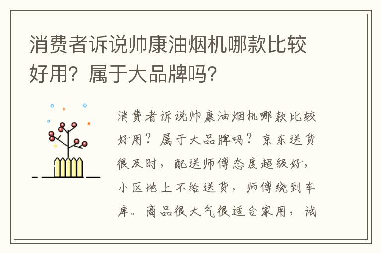 消费者诉说帅康油烟机哪款比较好用？属于大品牌吗？