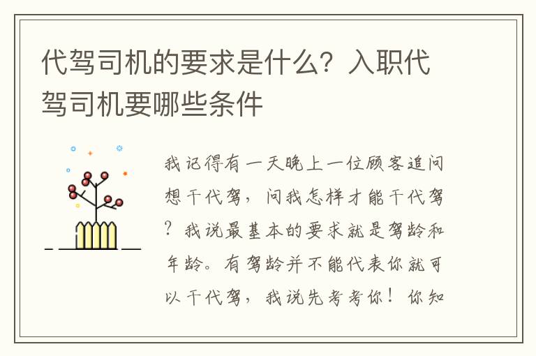 代驾司机的要求是什么？入职代驾司机要哪些条件